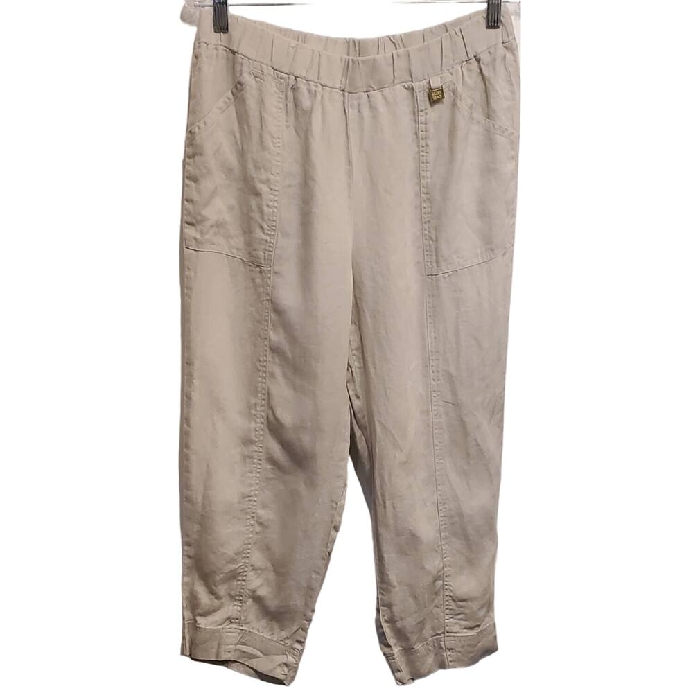 Ellen Tracy 100% Linen Cropped Capri Elastic Waist Pull on Pants Medium